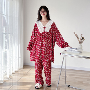 睡衣女胖mm200斤睡衣家居服套装 小碎花蕾丝棉绸大码 新款 2024秋季