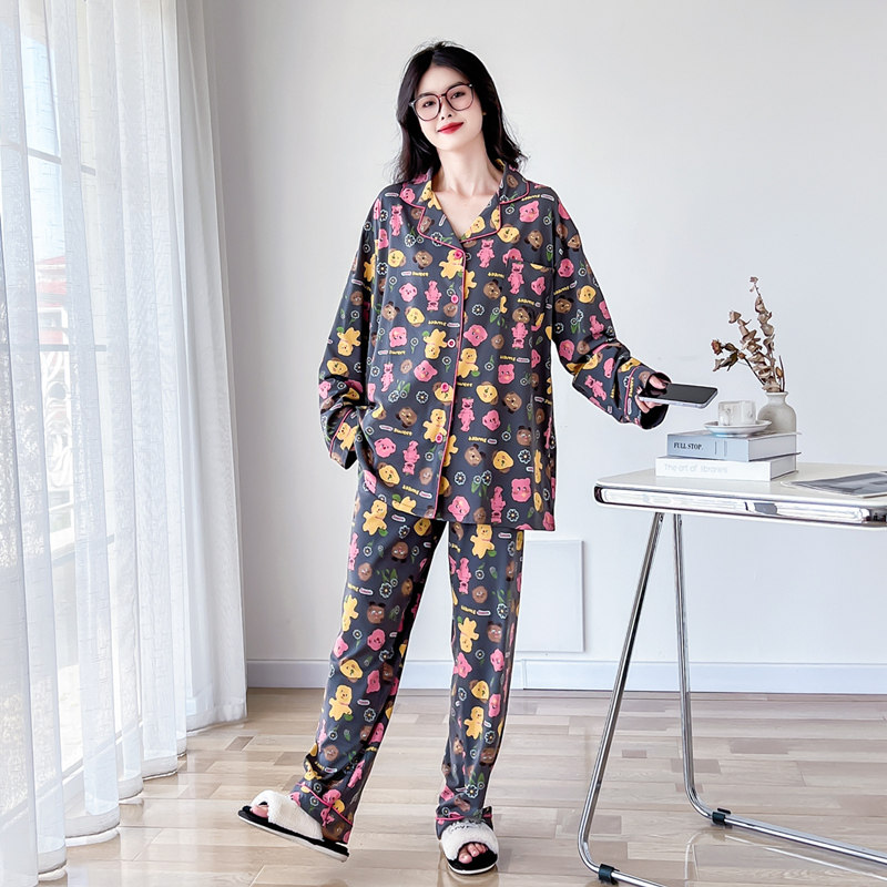卡通开衫纯棉大码睡衣套装女