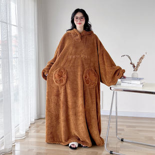 加长卡通珊瑚绒大码情侣睡袍女冬季加肥300斤男睡袋式睡衣家居服