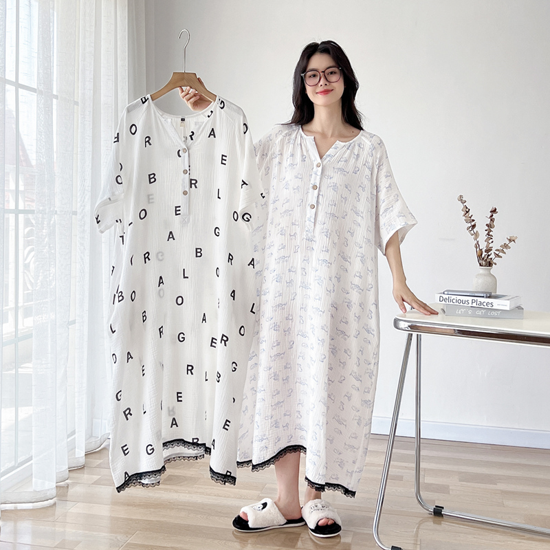 日系V领大码睡裙女夏季短袖纯棉纱布蕾丝花边胖mm200斤睡衣家居服