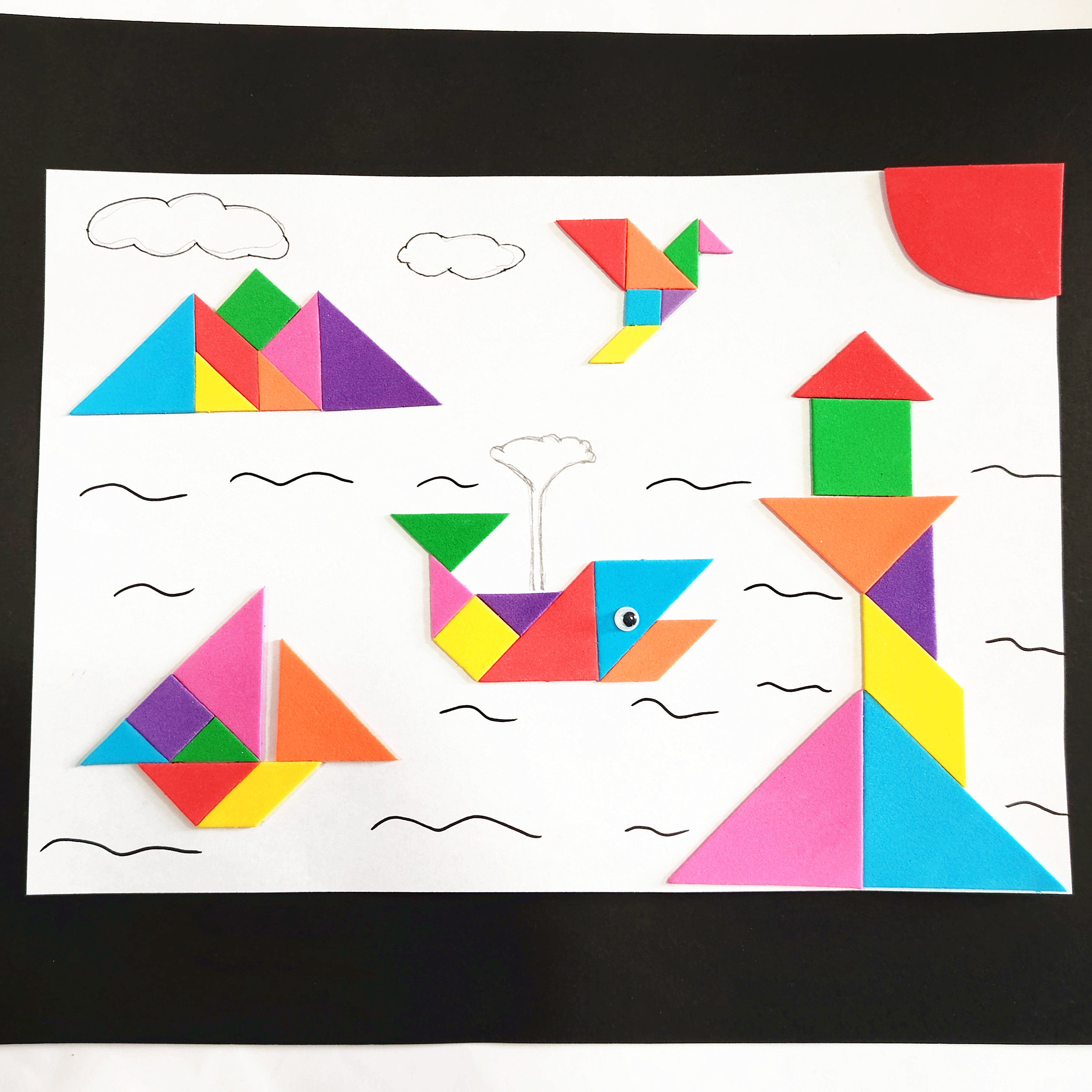 小学生创意拼贴七巧板贴纸拼瞭望灯塔场景图 几何图形diy粘贴手工