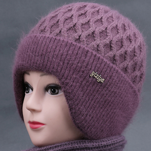 冬天中老年人妈妈帽子女加绒针织保暖帽老人奶奶帽老太太兔毛线帽