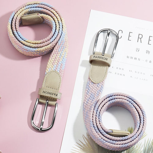 免打孔百搭风编织松紧帆布腰带