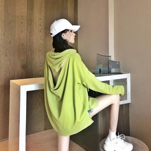 2019韩版 洋气宽松镂空露背设计感长袖 上衣 绿色连帽卫衣女秋季 新款