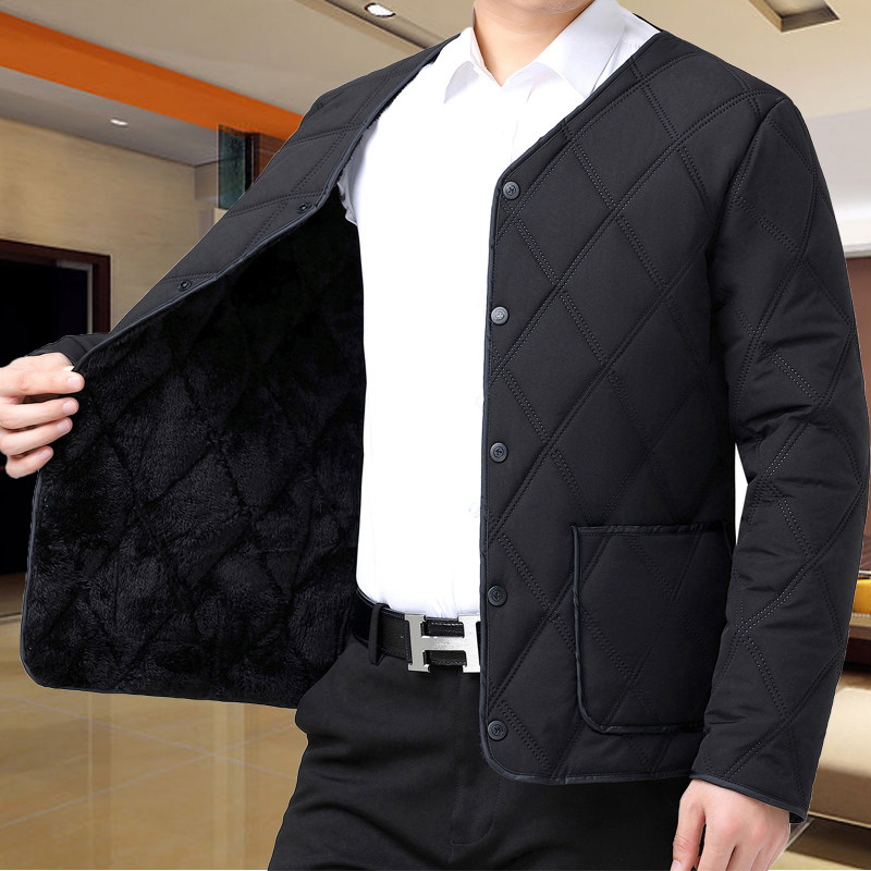 秋冬男式棉衣加绒加厚棉袄无领休闲纯色保暖暗扣菱格中老年棉内胆