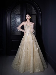 2025新款 显瘦出阁服敬酒服结婚嫁衣 重工奢华香槟金鱼尾秀禾服修身