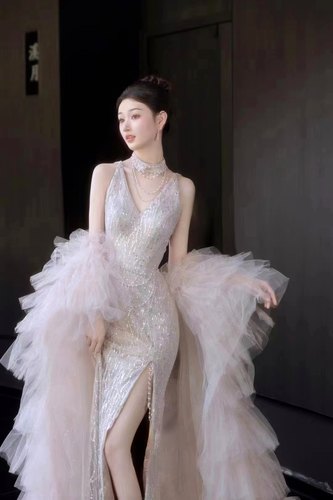JoliPoli新娘鱼尾婚纱2024明星敬酒服修身长裙婚礼宴会主持重工拖