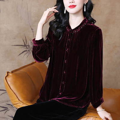 真丝丝绒衬衣女秋季新款气质大牌高档优雅宽松显瘦桑蚕丝衬衫上衣
