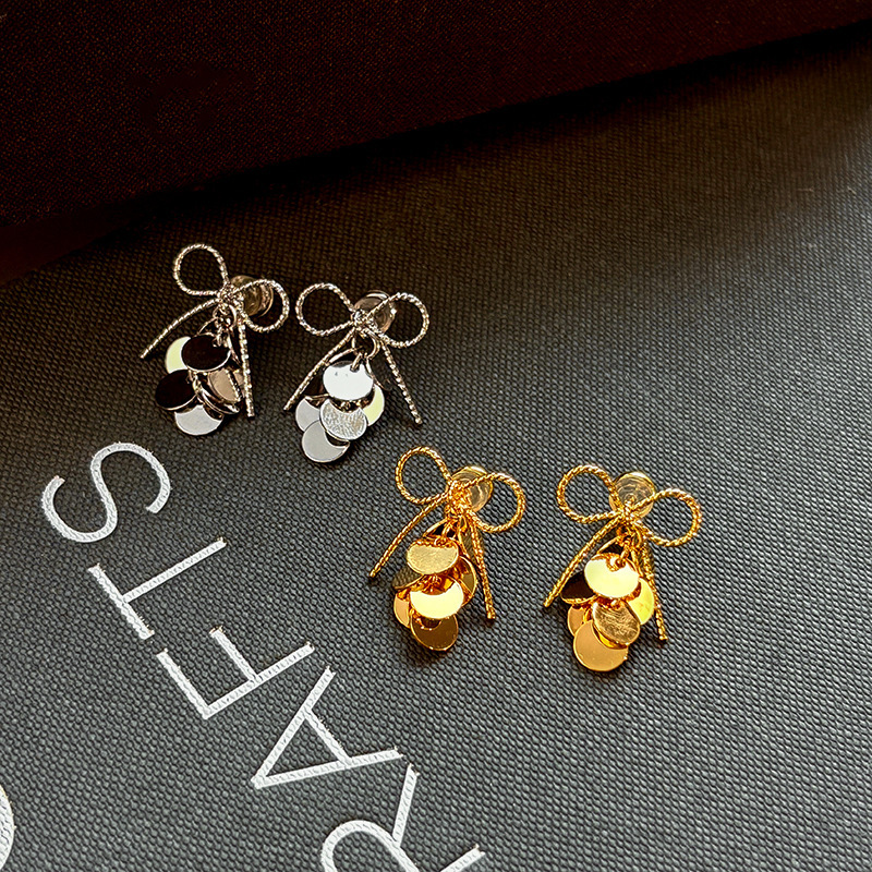 贵女真金电镀金色蝴蝶结亮片耳环高级设计感简约气质纯银针耳钉饰