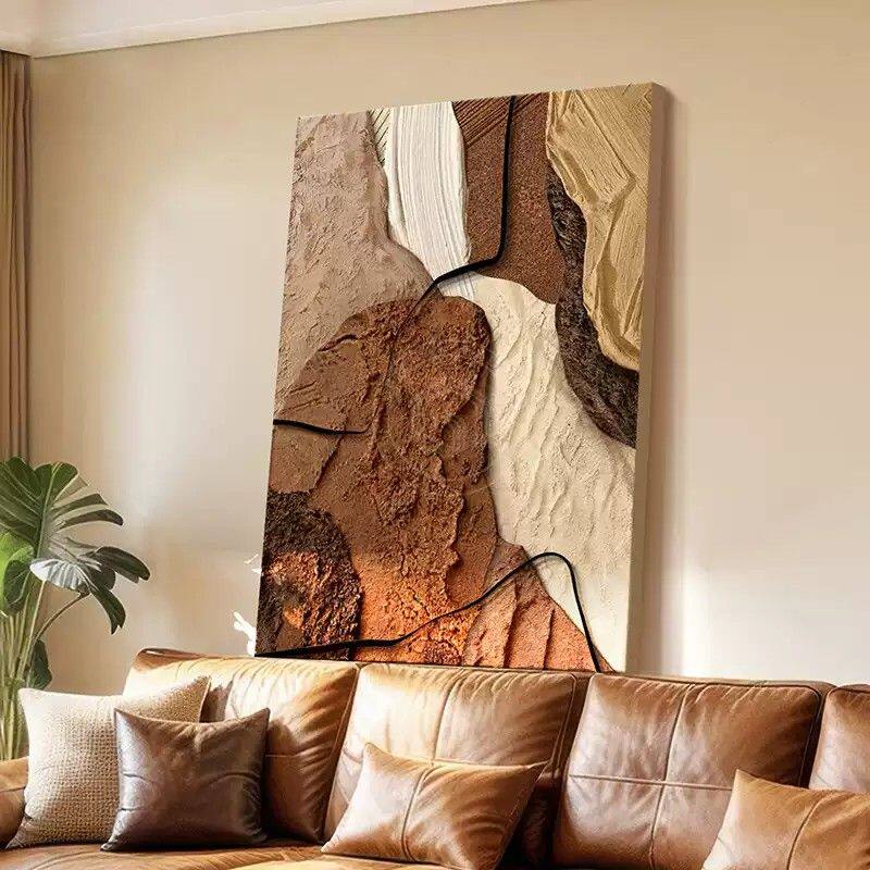 侘寂中古风客厅装饰画落地大沙发背景墙入户玄关肌理复古壁画挂画