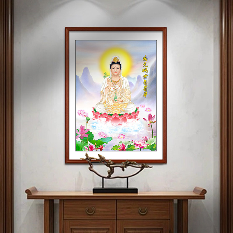 南海自在观世音菩萨送子观音画像佛像挂画中堂家用供奉背景墙壁画