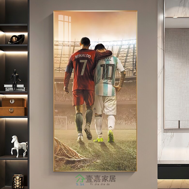 梅西C罗挂画梅罗合影足球星主题装饰画 玄关卧室挂画诸神黄昏壁画