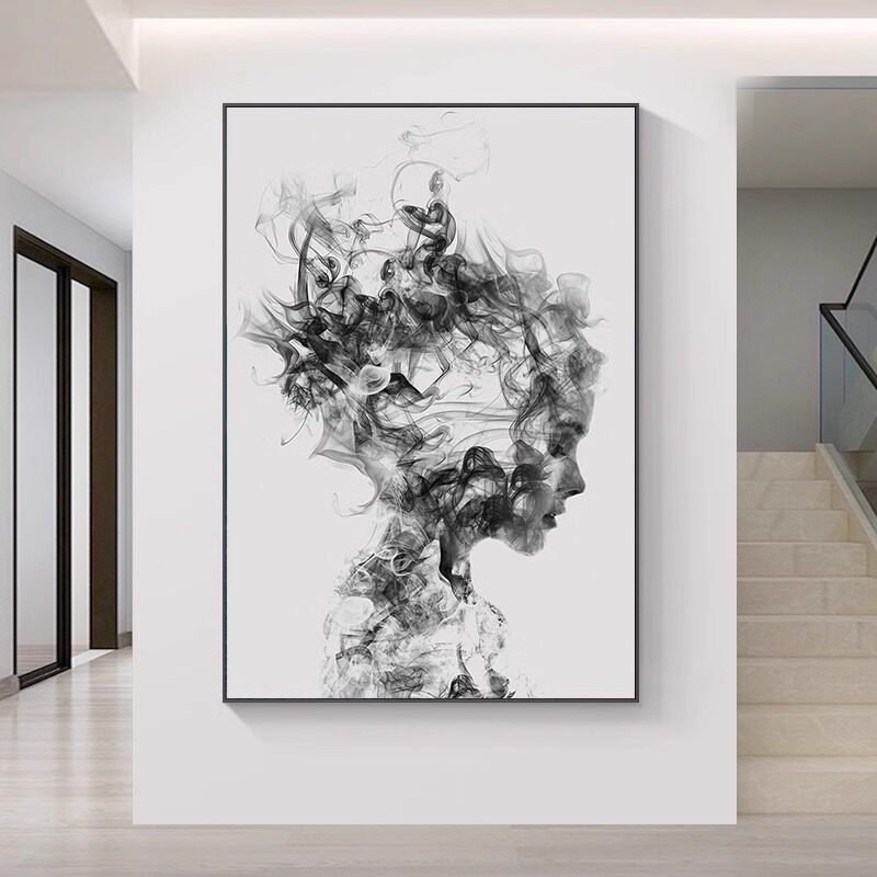 黑白灰创意艺术理发店发廊挂画网红抽象人物墙面壁画美发店装饰画