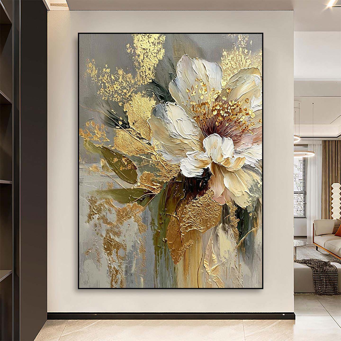 手绘油画《牡丹》客厅沙发画餐厅背景墙装饰画轻奢金箔花卉挂画