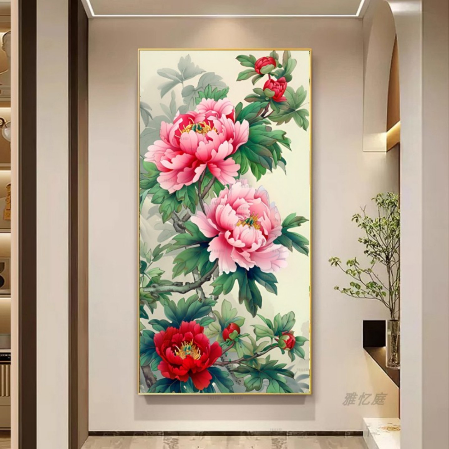 花开富贵玄关装饰画新中式客厅牡丹图挂画过道走廊正对门大气壁画