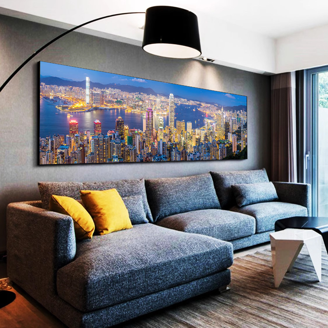 城市建筑风景餐厅装饰画香港维多利亚港客厅夜景画港式办公室挂画