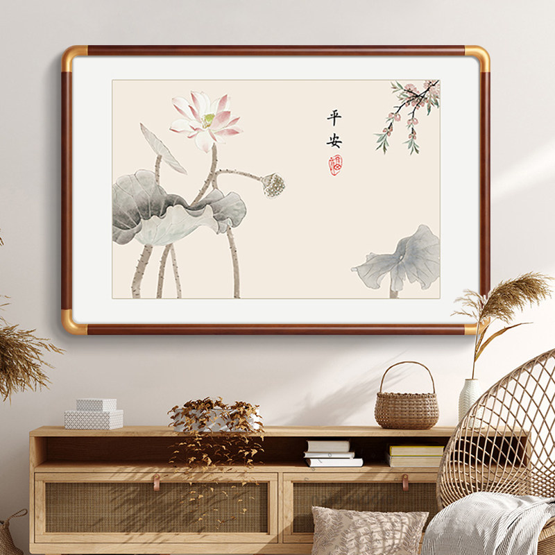 新中式水墨荷花玄关装饰画实木圆角正对门玄关柜挂画餐厅卧室壁画