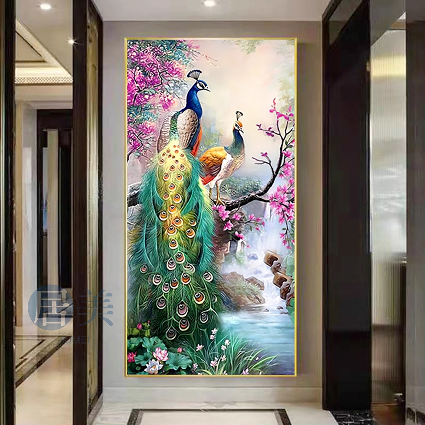 孔雀玄关装饰画入门竖版背景墙壁画轻奢中式走廊过道尽头挂画墙画