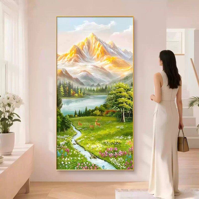山水装饰画日照金山玄关挂画流水生财入户正对门客厅走廊过道壁画