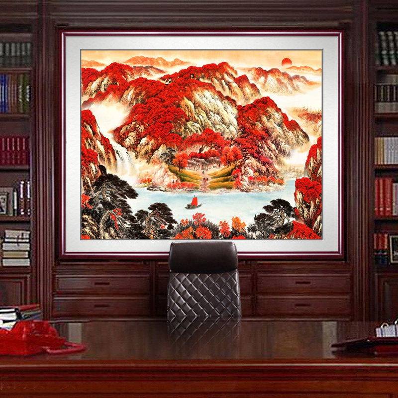 2026新款老板办公桌室背景墙靠山图鸿运当头山水挂画玄关装饰国画