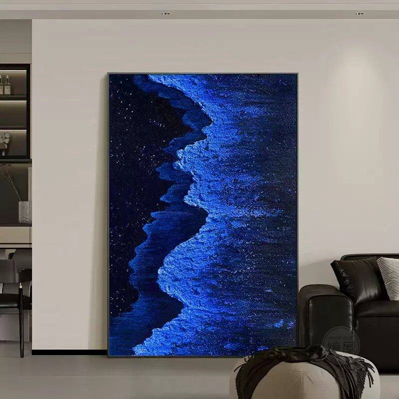 轻奢高级感客厅装饰画蓝色海浪抽象油画肌理大白墙沙发背景墙挂画