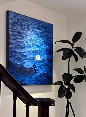 一帆风顺现代简约玄关过道走廊装饰画蓝色大海餐厅高级感肌理挂画