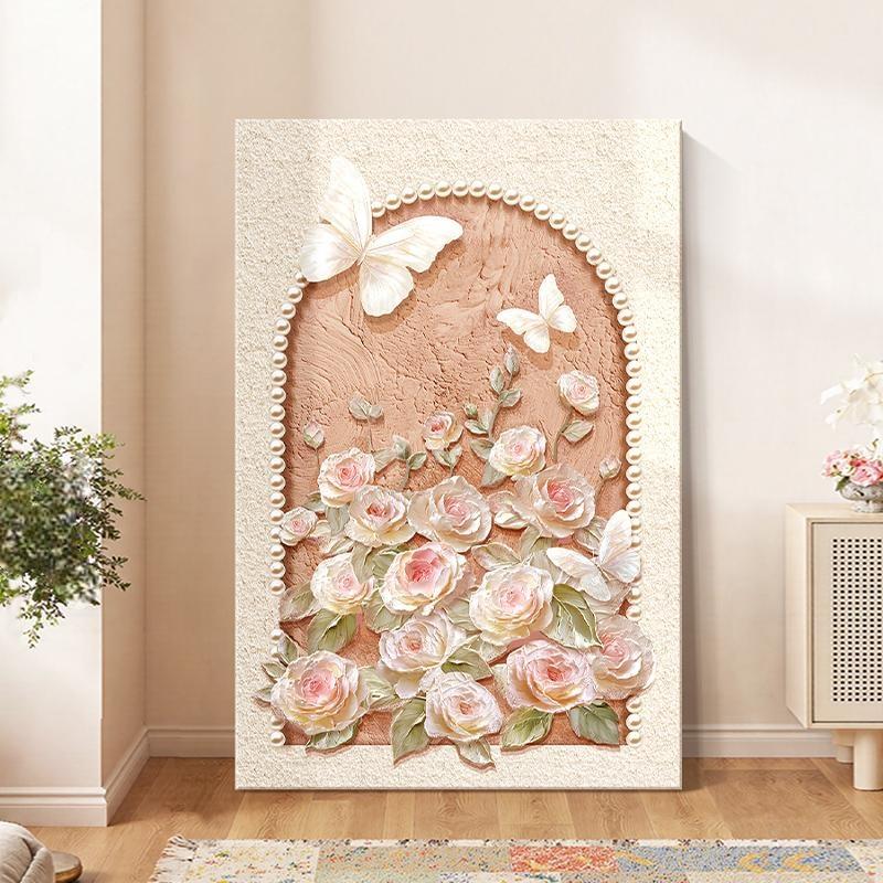 奶油风客厅装饰画蝴蝶花卉落地画沙发背景墙挂摆画高级感玄关壁画