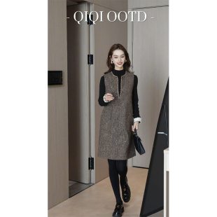 宽松显瘦中长裙 圆领小香风毛呢背心连衣裙2026春季 柒院家大码 女装