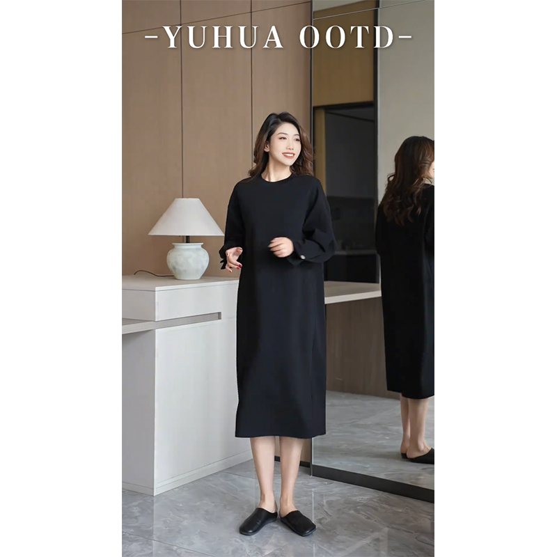 柒院家微胖大码针织圆领连衣裙女