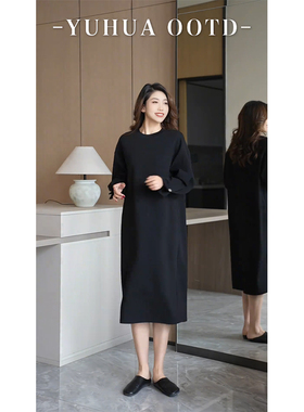 柒院家微胖大码女装时尚气质针织圆领连衣裙2025秋季宽松显瘦长裙