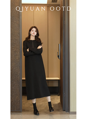 柒院家大码女装通勤半拉链连帽连衣裙2025秋冬款宽松遮肉显瘦长裙