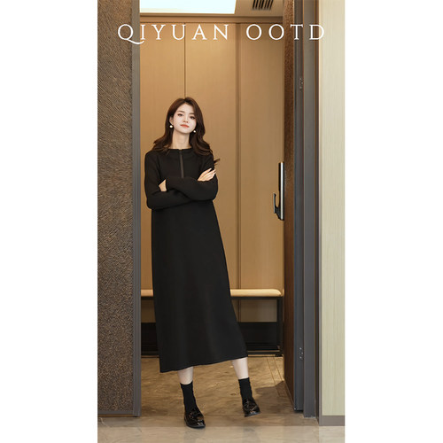 柒院家大码女通勤半拉链连帽长裙