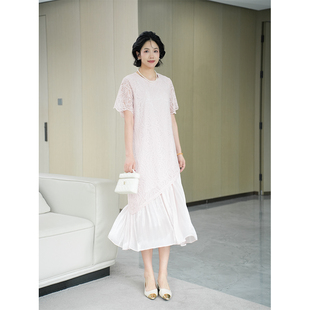 女裝 柒院家微胖大碼 不規(guī)則提花蕾絲連衣裙2025夏遮肉顯瘦蕾絲長(zhǎng)裙