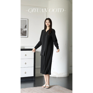 连衣裙2025秋季 轻奢长袖 宽松遮肉显瘦领巾长裙 女装 柒院家微胖大码