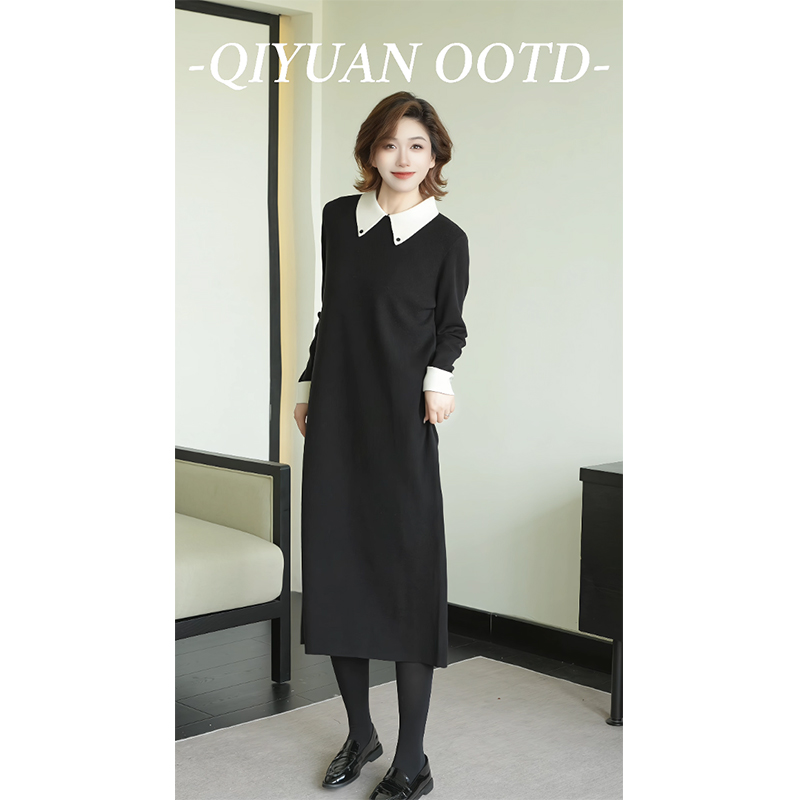 柒院家微胖大码针织中长连衣裙女