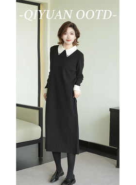 柒院家微胖大码女装撞色翻领针织连衣裙2025冬宽松遮肉显瘦中长裙