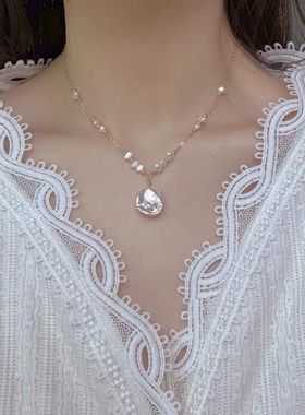 花瓣珠 天然巴洛克珍珠锁骨链蕾丝裙子百搭时髦优雅感项链女锁骨