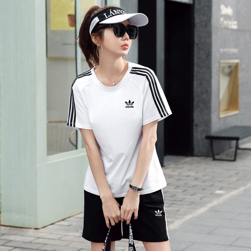 品牌运动套装女夏新款宽松休闲纯棉跑步服三条杠短袖短裤两件套男