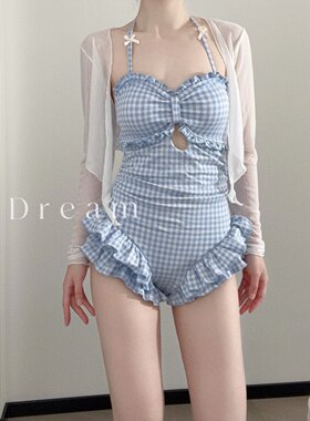 法式格子长袖遮肚显瘦连体泳衣