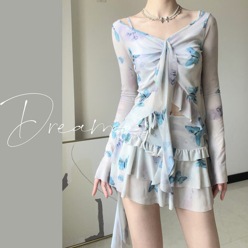 Dream湛蓝蝴蝶网纱长袖辣妹泳衣