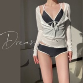 蜜Dream性感比基尼女绝美辣妹分体三件套泳装 系带罩衫 泳衣白黑色
