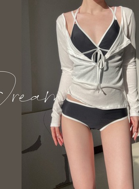 蜜Dream性感比基尼女绝美辣妹分体三件套泳装系带罩衫泳衣白黑色