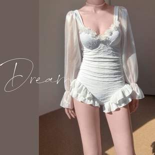 温泉钢托 连体荷叶边白色性感泳装 蜜Dream新款 2025绝美泳衣女长袖