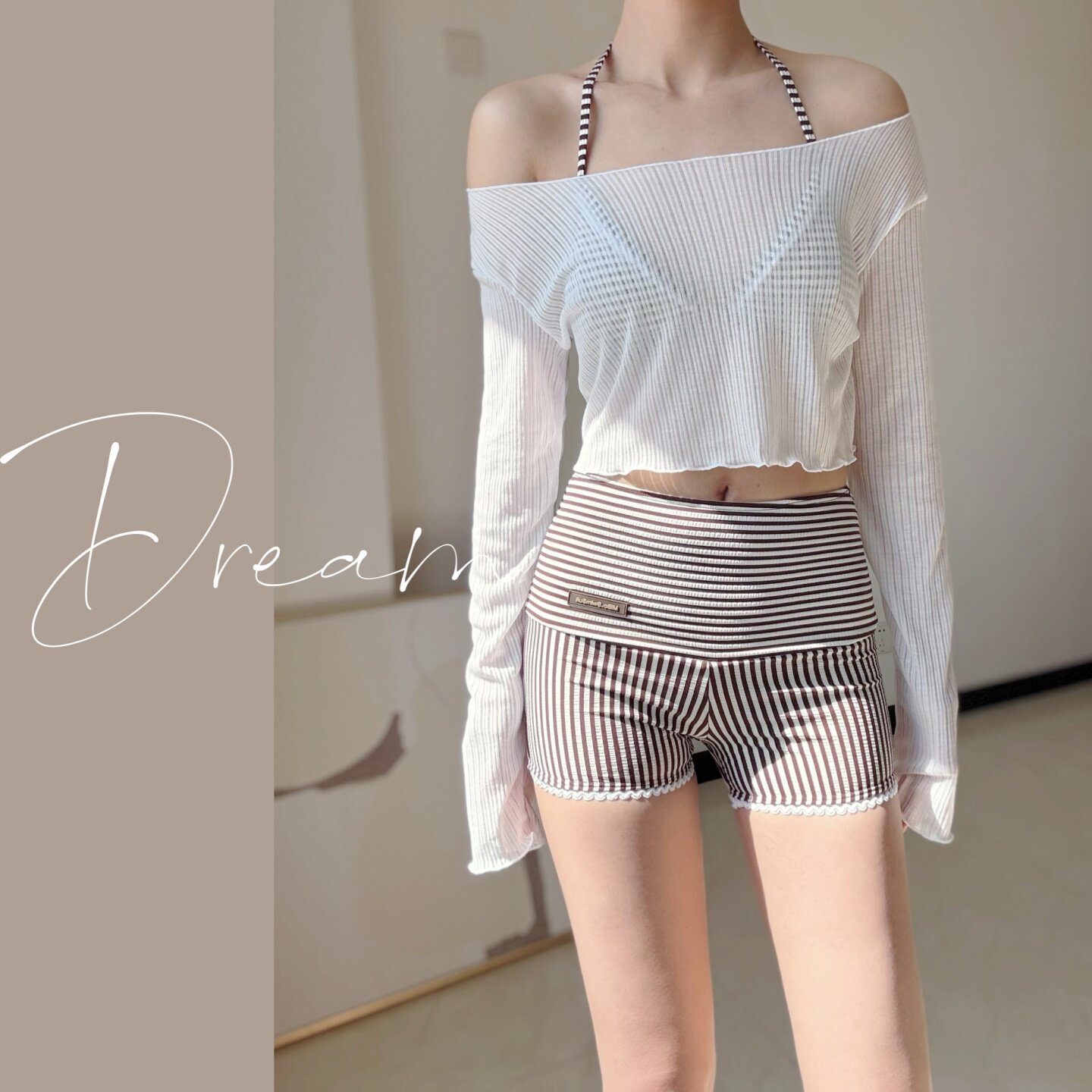 蜜Dream泳衣女款韩式辣妹条纹比基尼三件套罩衫分体显瘦海边度假