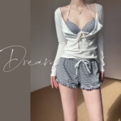 蜜Dream条纹比基尼三件套女钢托聚拢分体泳衣罩衫 游泳装 性感温泉