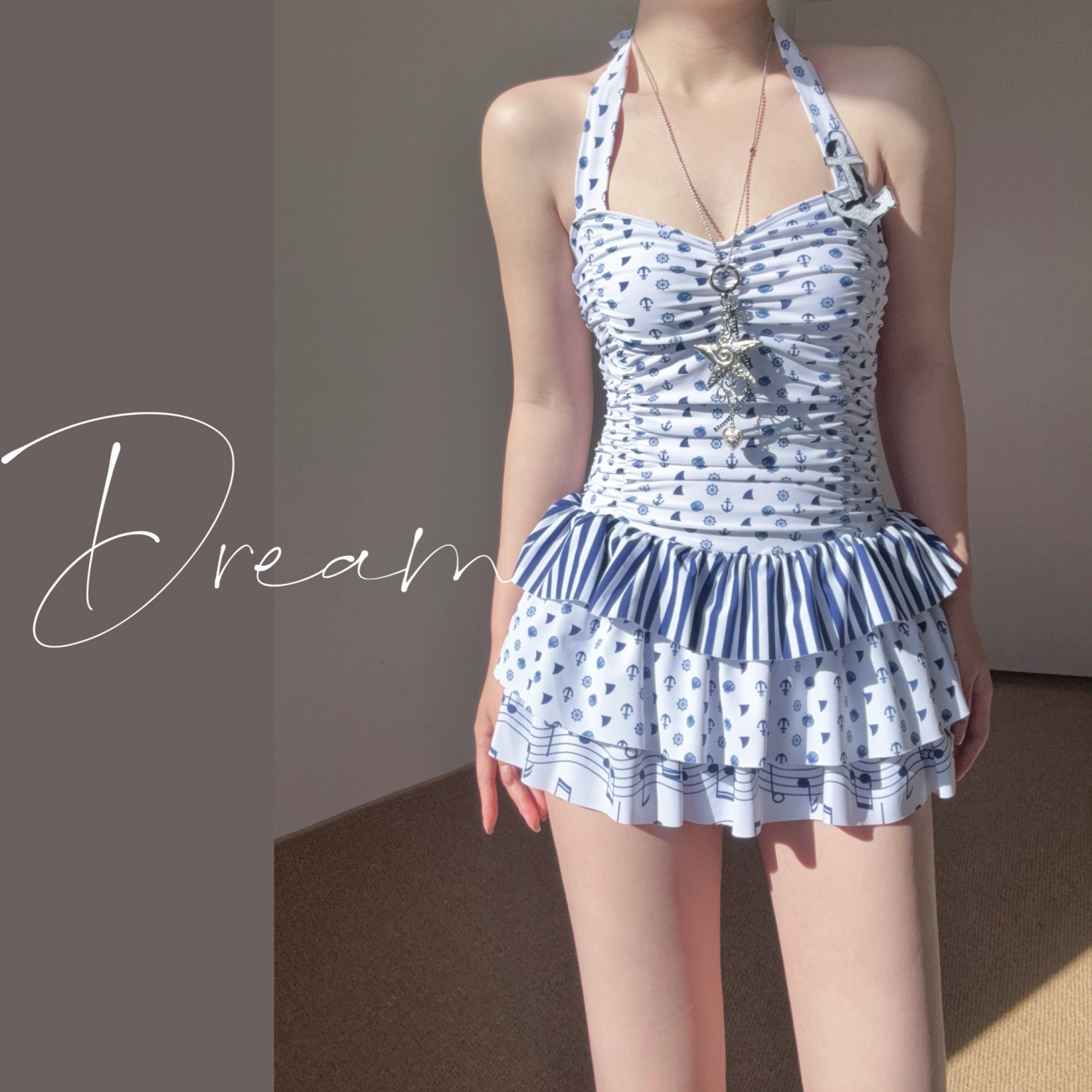 蜜Dream甜美风蓝色波点挂脖连体泳衣女收腰裙式显瘦温泉度假泳装