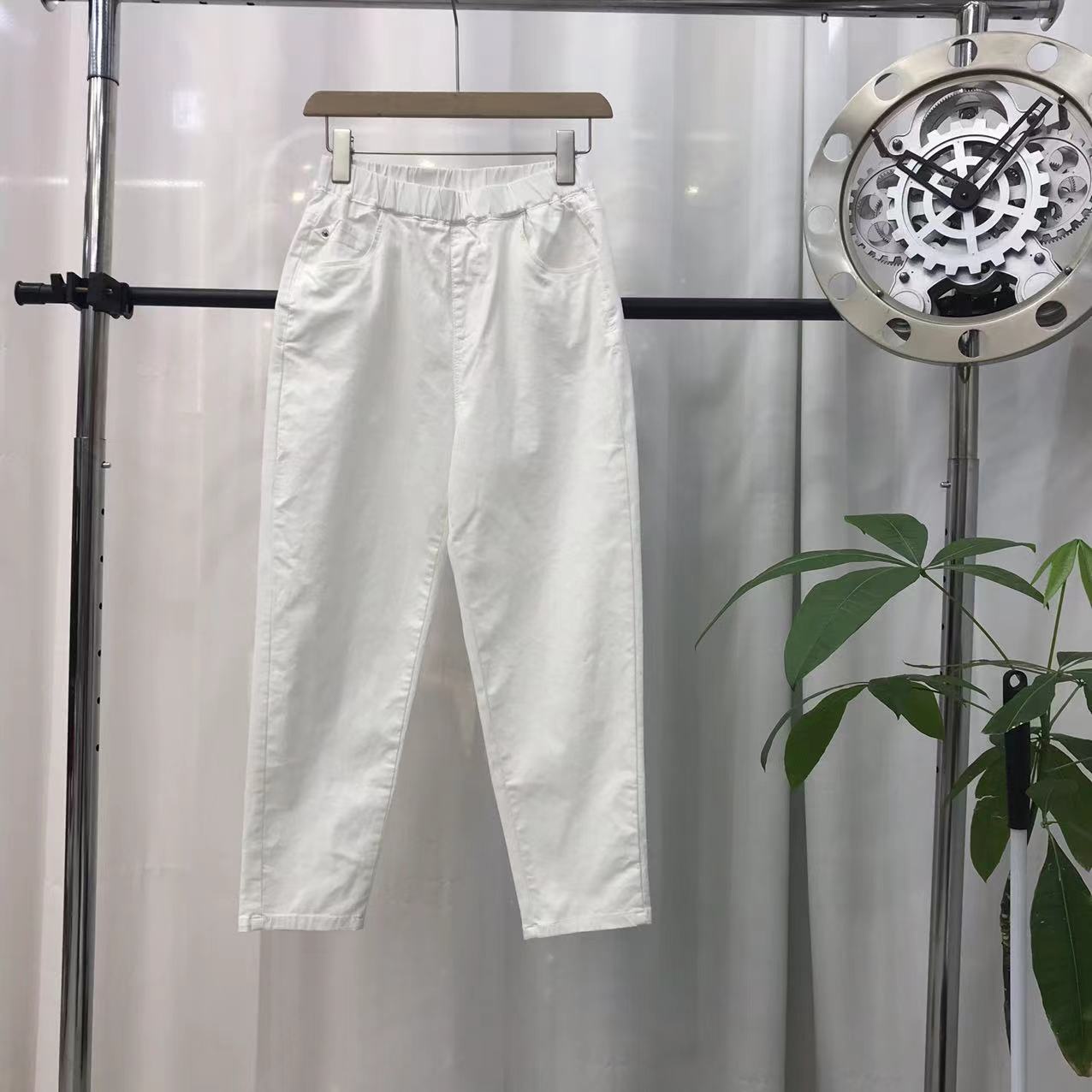阿布吉木朵夏款高腰女松紧腰纯棉弹力显瘦休闲九分小脚裤9106