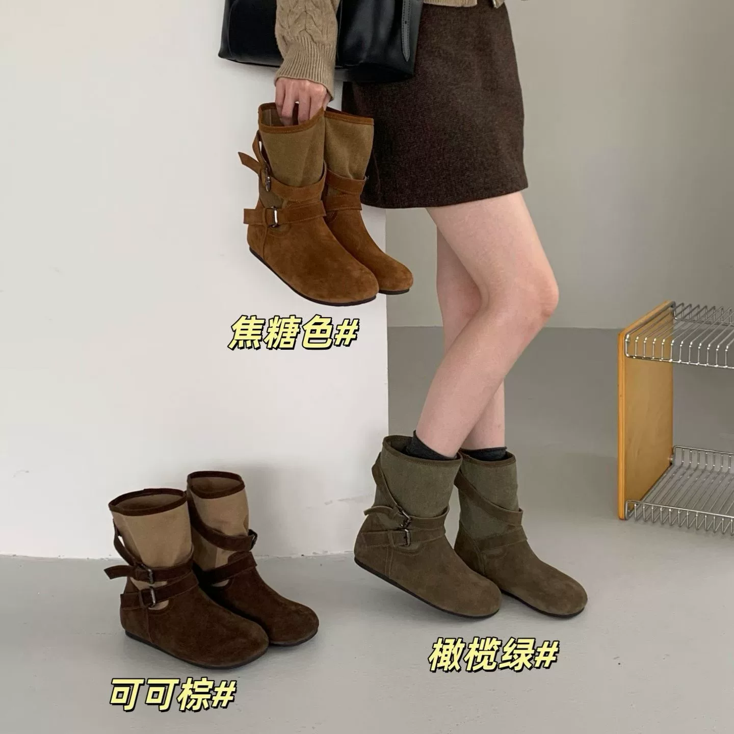 真皮帆布西部靴女2026秋款辣妹堆堆靴内增高软底马丁靴帅气机车靴