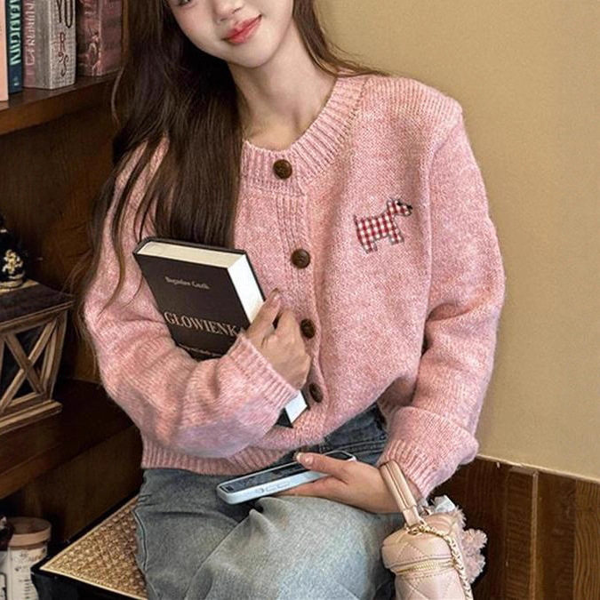 小狗贴布糖果色甜美针织开衫毛衣秋季新款小个子外套多色上衣潮