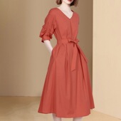 新款 时尚 韩版 收腰系带连衣裙法式 高腰连衣裙女 领五分袖 2026夏季
